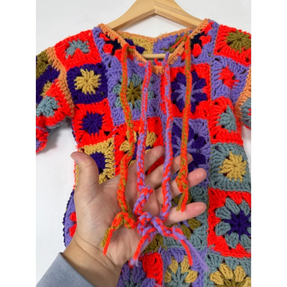 Boho Handmade Women XS/S Granny Square‎ Crochet Dress Multicolor Patchwork Retro